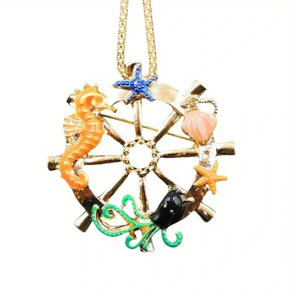 Betsey‎ Johnson Nautical Octopus Starfish Rudder Pendant/Necklace/Brooch NWT - Picture 2 of 5